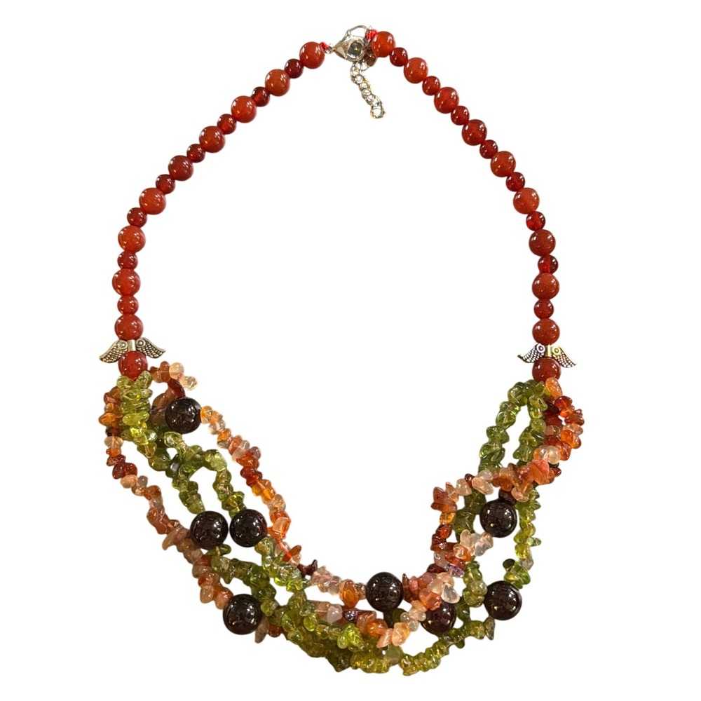Multi Strand Gemstone Chip‎ Necklace Peridot Carnelian Garnet Angel Wing boho